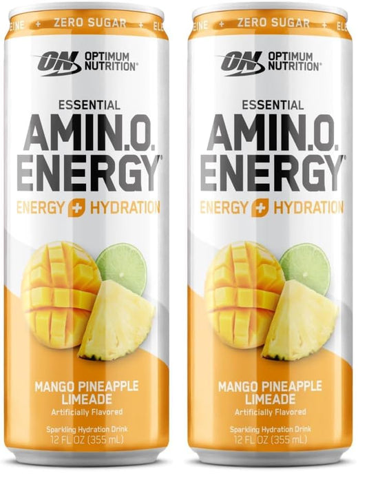 Optimum Nutrition Amino Energy Sparkling Hydration Drink, Electrolytes, Caffeine, Amino Acids, BCAAs, Sugar Free, Mango Pineapple Limeade, 12 Fl Oz, 1 count (Packaging May Vary) (Pack of 2)