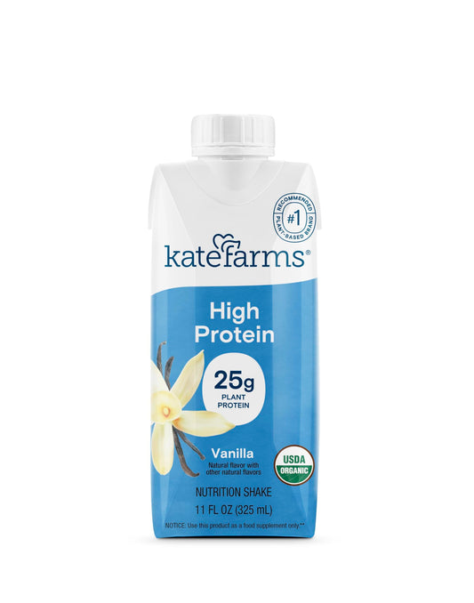 KATE FARMS Organic High Protein Vanilla Nutrition Shake, 25g Protein, 6g Fiber, 27 Vitamins and Minerals, 0g Sugar, Protein Drink, 11 oz Bottle