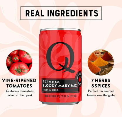 Q BLOODY MARY MIX, Real Vine-Ripened Tomatoes with 7 Herbs & Spices - Ideal for Cocktails & Mocktails - Made with Real Ingredients & Less Sweet - 30 Calories per Serving - 7.5 Fl oz Cans (Pack of 24)