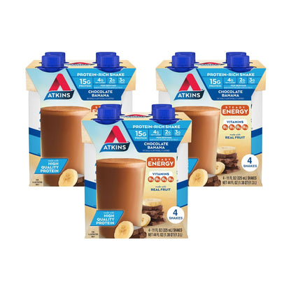 Atkins Protein Shake Bundle: Chocolate Banana, 15g Protein, 12 Count + Café au Lait Iced Coffee, 15g Protein, 4 Count (Pack of 3)