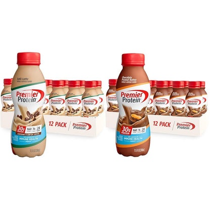 Premier Protein Shake Bundle, Café Latte and Chocolate Peanut Butter Flavors, 30g Protein, 1g Sugar, 24 Vitamins & Minerals, 12 Count