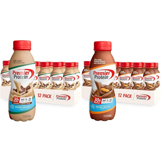 Premier Protein Shake Bundle, Café Latte and Chocolate Peanut Butter Flavors, 30g Protein, 1g Sugar, 24 Vitamins & Minerals, 12 Count