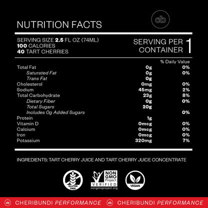 Cheribundi | 100% Tart Cherry Juice Pure Concentrate Grab & Go | 2.5 Fluid Ounce Pouch for Maximum Recovery with 40 Tart Cherries | 100 Calories, 0 Preservatives, Non-GMO | 2.5 floz (Pack of 12)