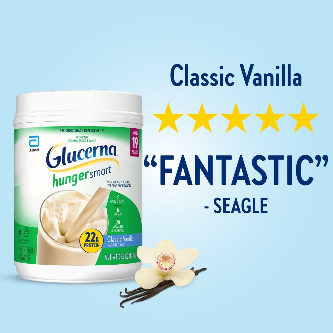 Glucerna Hunger Smart Diabetes Care Powder,Classic Vanilla,Diabetic Snack Replacement to Support Blood Sugar Management,22g Protein,130 Calories,22.3 Oz,(Pack of 4)
