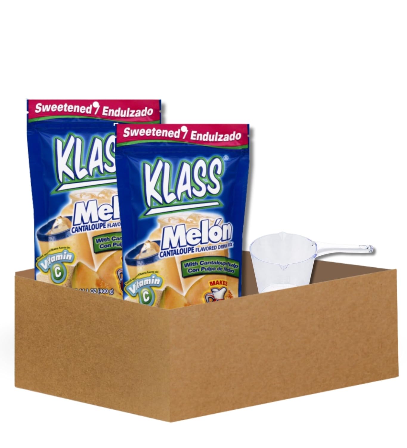 2x Klass Bev Mix Cantlp Swtnd, 14.1 OZ Bundle with Measuring Cup – Sweetened Drink Mix with Dextrose, Sugar, Artificial Flavors, and Dried Cantaloupe Pulp – Gift Set (3 Items)