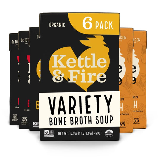 Kettle and Fire Mushroom Chicken, Beef, and Chicken Sipping or Cooking Bone Broth Variety Pack, Keto, Paleo, and Whole 30 Approved, Gluten Free, High in Protein and Collagen, 6 Pack