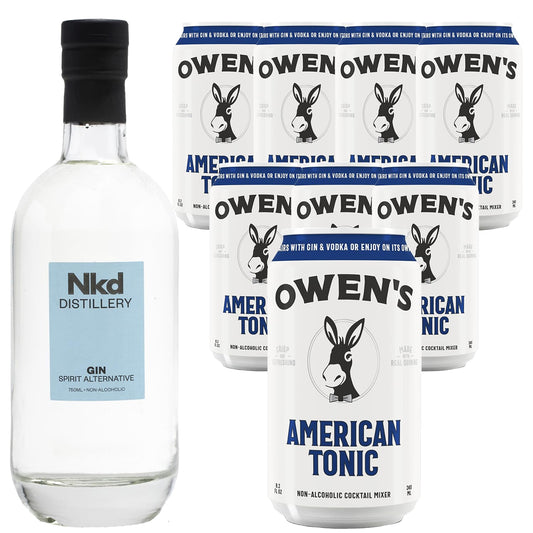 Nkd Distillery Gin Alternative Premium Non-Alcoholic Spirit 750 ML Bottles w Owen’s Mixers Tonic 8.2 OZ Cans - Perfect for Mocktails - Made in USA