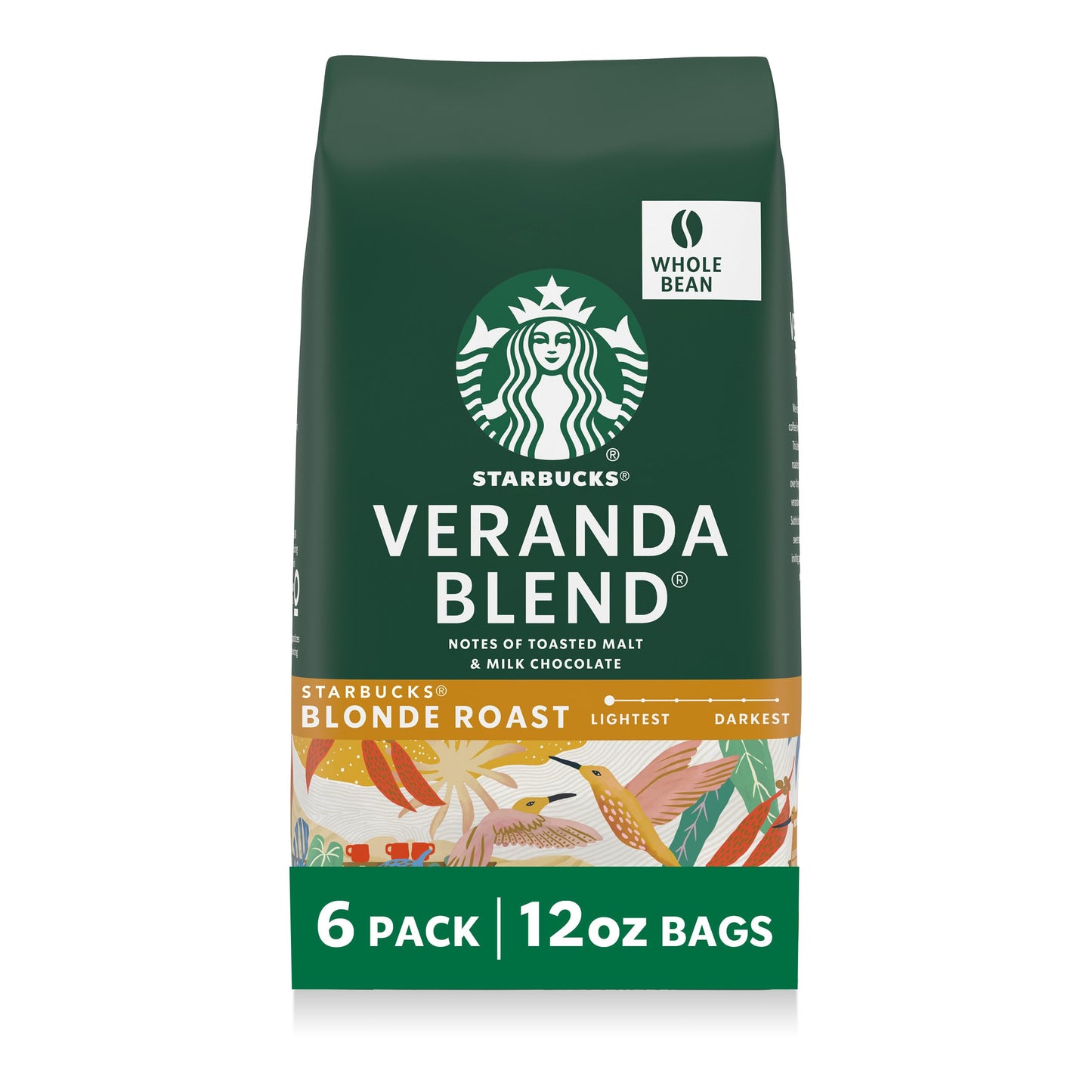 Starbucks Whole Coffee Beans, Starbucks Blonde Roast Hot or Iced Coffee, Veranda Blend, Six 12 oz Bags