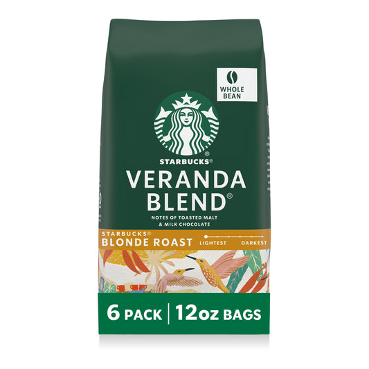 Starbucks Whole Coffee Beans, Starbucks Blonde Roast Hot or Iced Coffee, Veranda Blend, Six 12 oz Bags