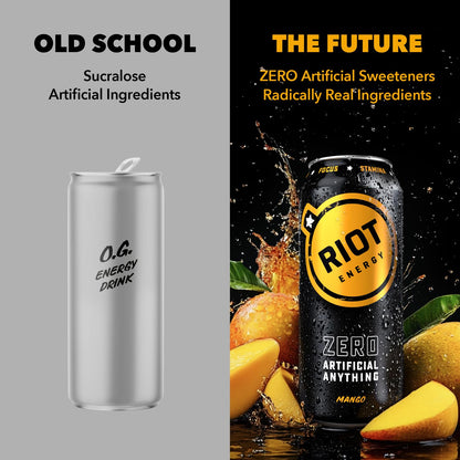 RIOT Clean Energy Drink, Mango, Organic, No Sugar Added, Made with Real Fruit, 100mg L-Theanine, 16 fl oz