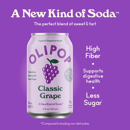 OLIPOP Prebiotic Soda Pop, Classic Grape, Prebiotics, Botanicals, Plant Fiber, 12 fl oz (4 Cans)