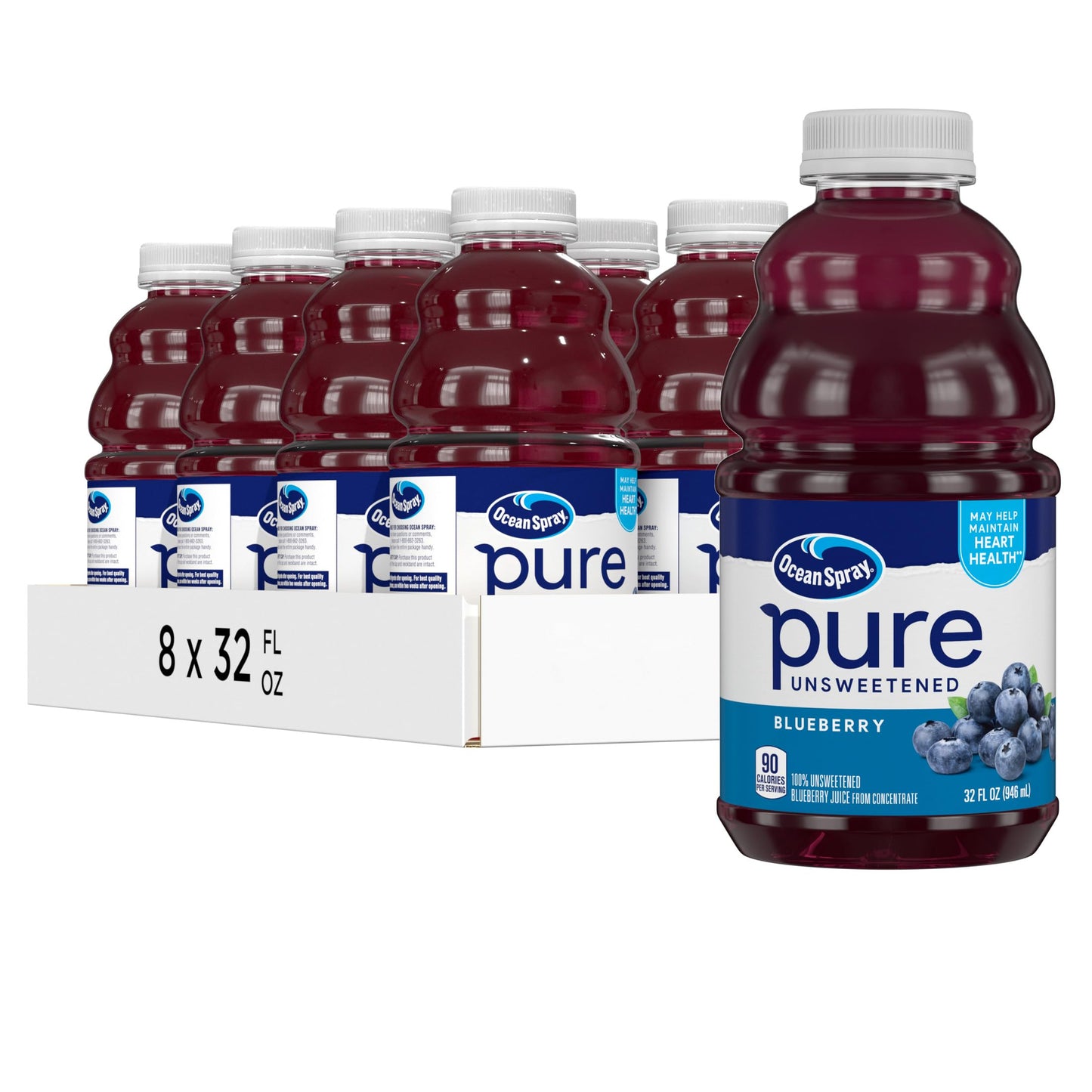 Ocean Spray® Pure Blueberry, 100% Blueberry Juice From Concentrate, 32 Fl Oz Bottle (Pack of 8)