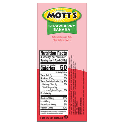 Mott’s Fruit Smoothies Strawberry Banana, 4.2 oz clear pouches, 4 Pack, Non-dairy, Made With Oatmilk, Made With Real Fruit, Good Source of Calcium, On-the-Go