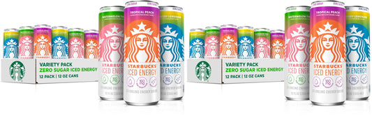 Starbucks Iced Energy Drink, 3 Flavor Variety Pack (Tropical Peach, Watermelon Splash, Blueberry Lemonade), Zero Sugar Energy Drink, Plant Based Caffeine, Hydration, Mental Clarity, 12x12 Fl Oz Cans