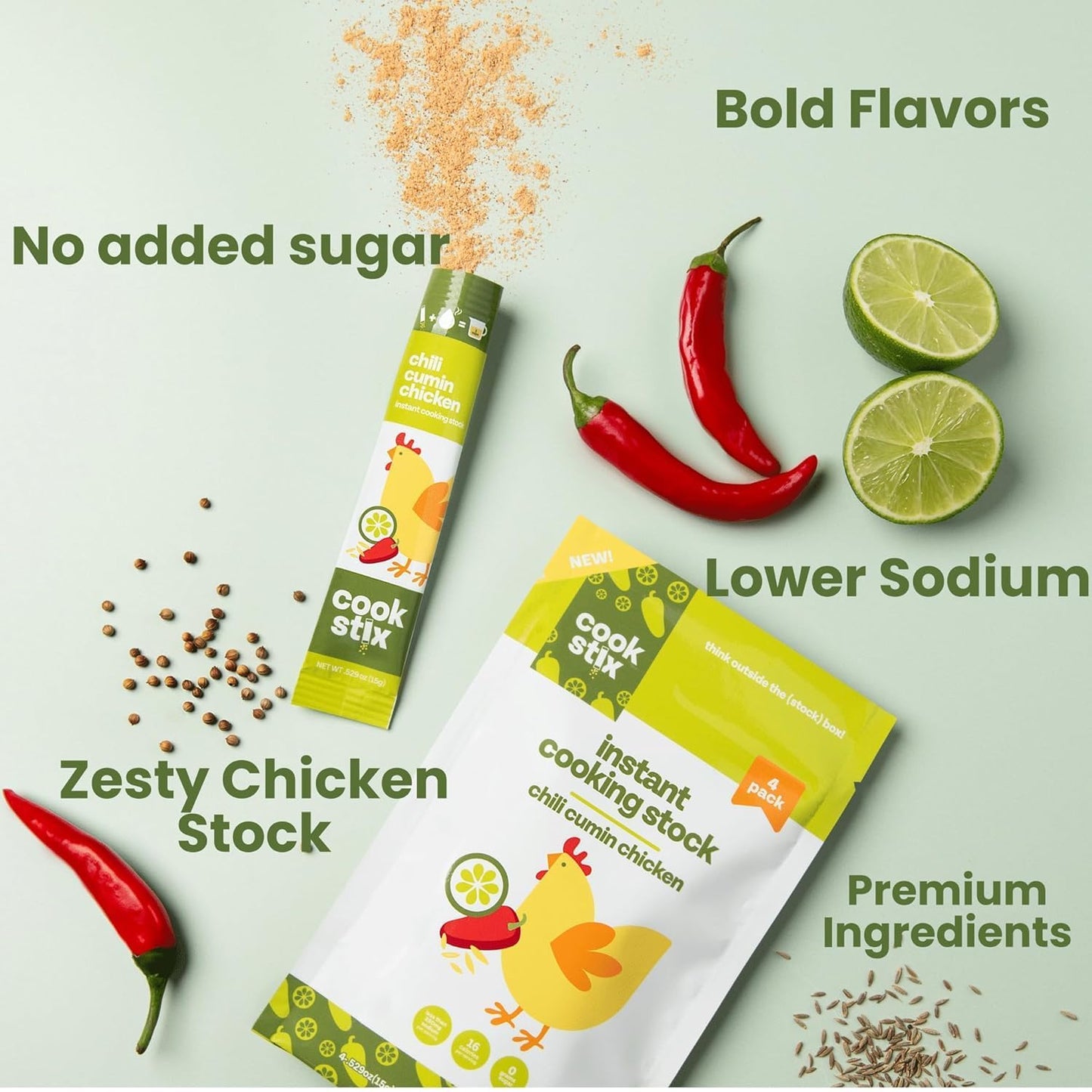 Cookstix Essentials Pack – Classic & Chili Cumin Lime Chicken Stock Sticks – Clean-Label Instant Broth (2 x 4 Packs)