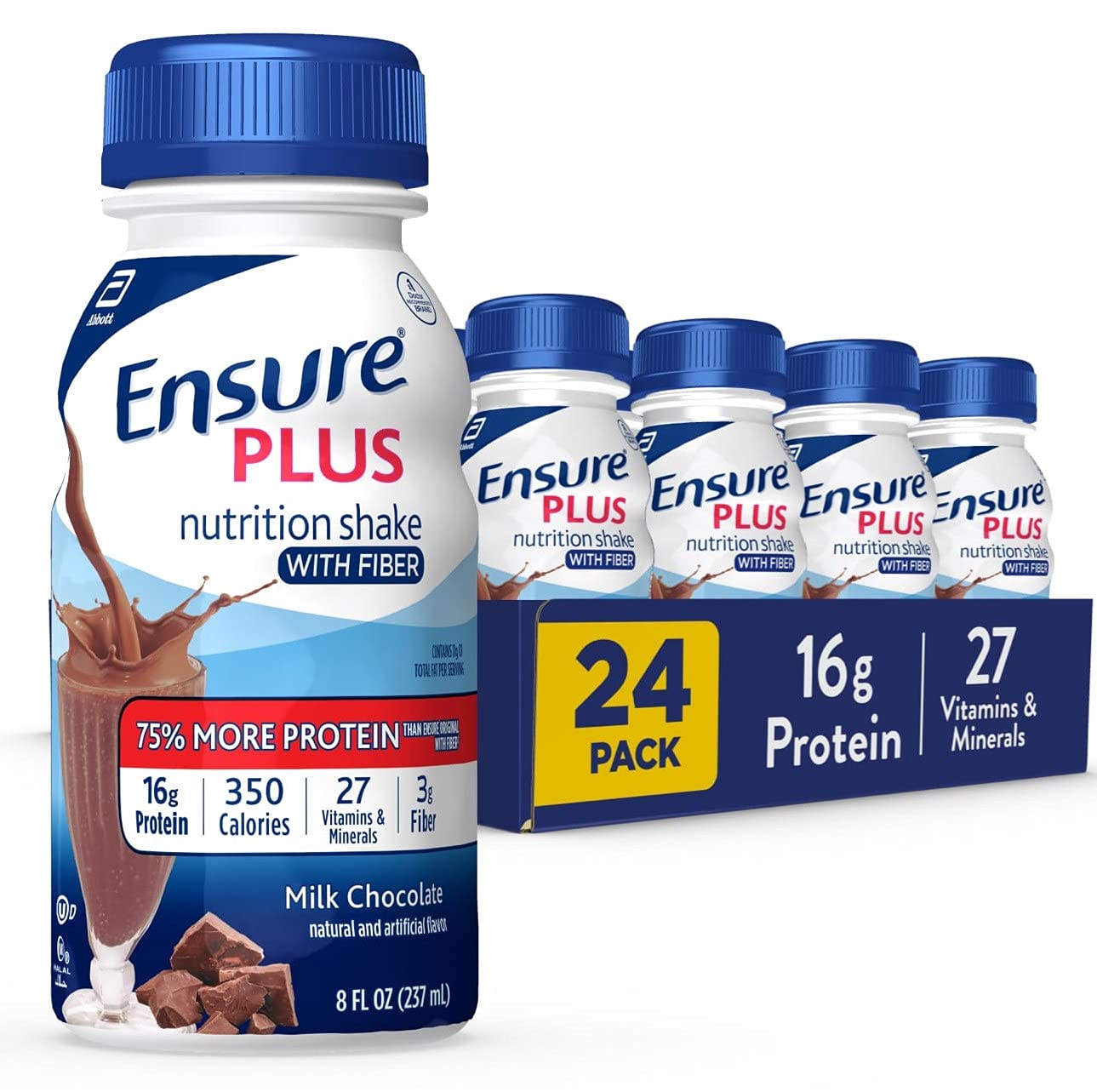 Ensure Plus Nutrition Shake with 16 Grams of Protein & Ensure Plus Nutrition Shake With Fiber, 16 Grams of Protein, Meal Replacement Liquid, Milk Chocolate, gluten free, 8 Fl Oz (Pack of 24)