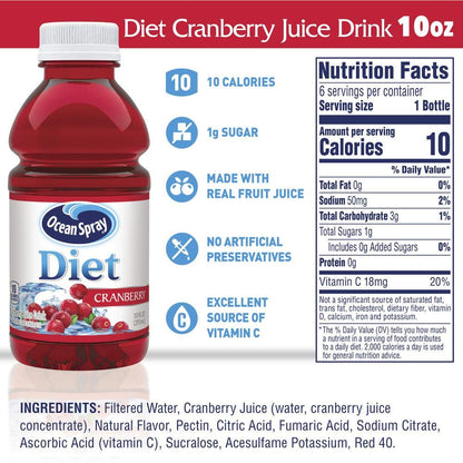 Ocean Spray Diet Cranberry Juice, 10 Fl Oz | 6 Count Bottles | Pack of 4