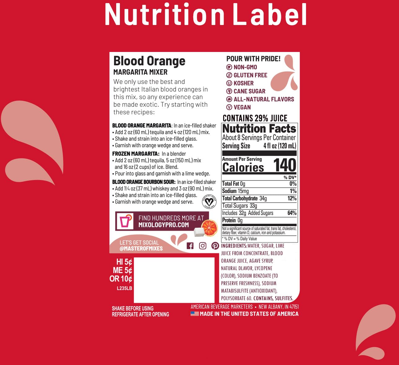 Master of Mixes Blood Orange Margarita Drink Mix, Ready To Use, 1 Liter Bottle (33.8 Fl Oz), Individually Boxed