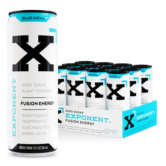 Exponent – Blue Nova Fusion Energy Drink | Pack of 12, 355mL Cans | Cool Berry Flavor with Citrus Notes | Zero Sugar & Sucralose | Naturally Sourced Caffeine | 15 Calories per Can