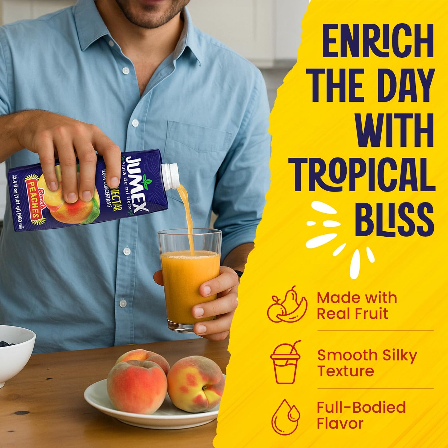 Jumex Peach Juice Nectar - Peach Nectar Made with Fresh Fruit Puree - Tropical Fruit Juice Concentrate for Smoothie Mix, Cocktail Mixers, Kids Drinks & Mexican Beverages - 32.4oz, 1 Pack Carton