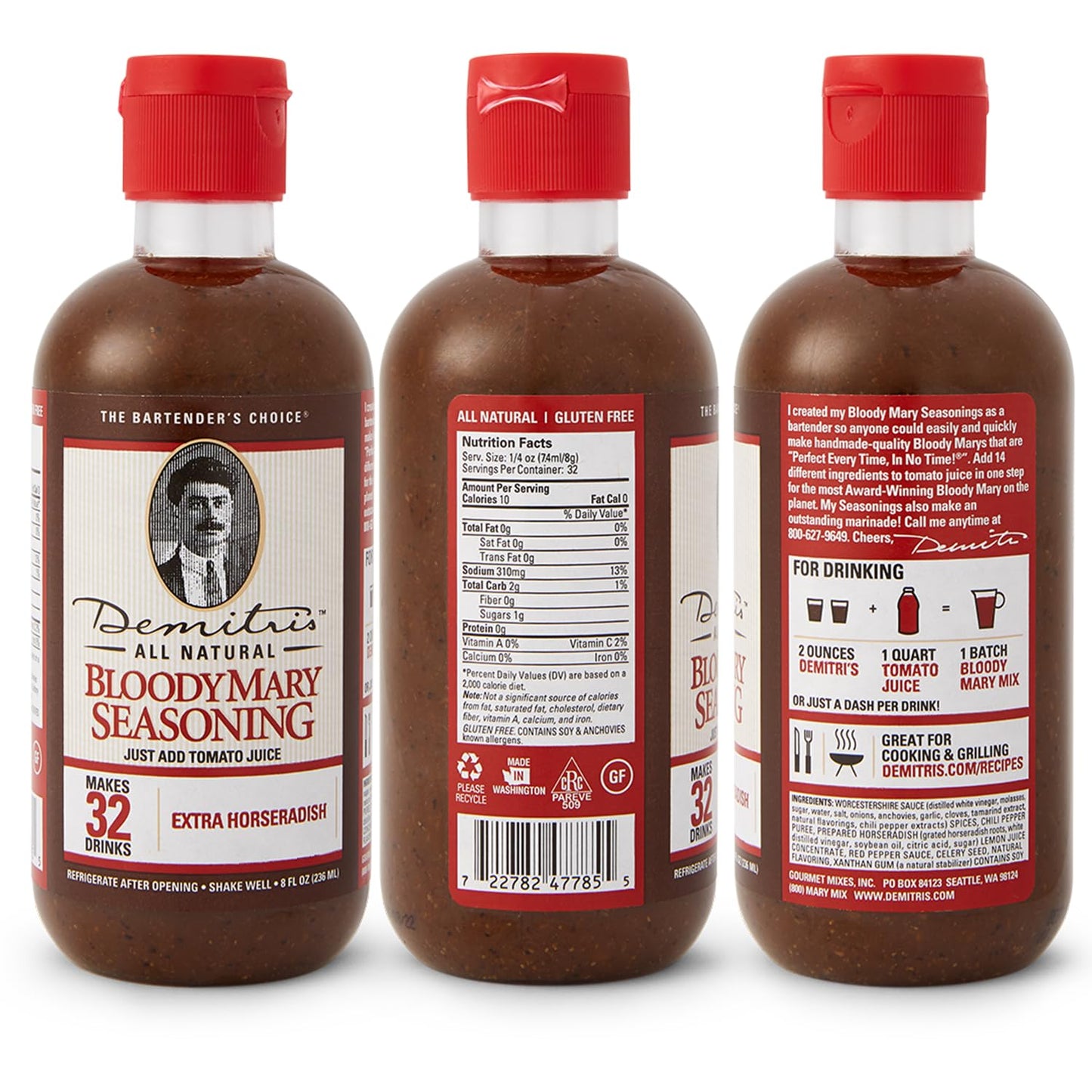 Demitri's Extra Horseradish Bloody Mary Seasoning Mix - Bloody Mary Mix - Concentrated Drink Mixer - Bold Rich Flavor - Ideal for Home Brunch Parties & Cocktails - 8oz Bottle (Pack of 1)