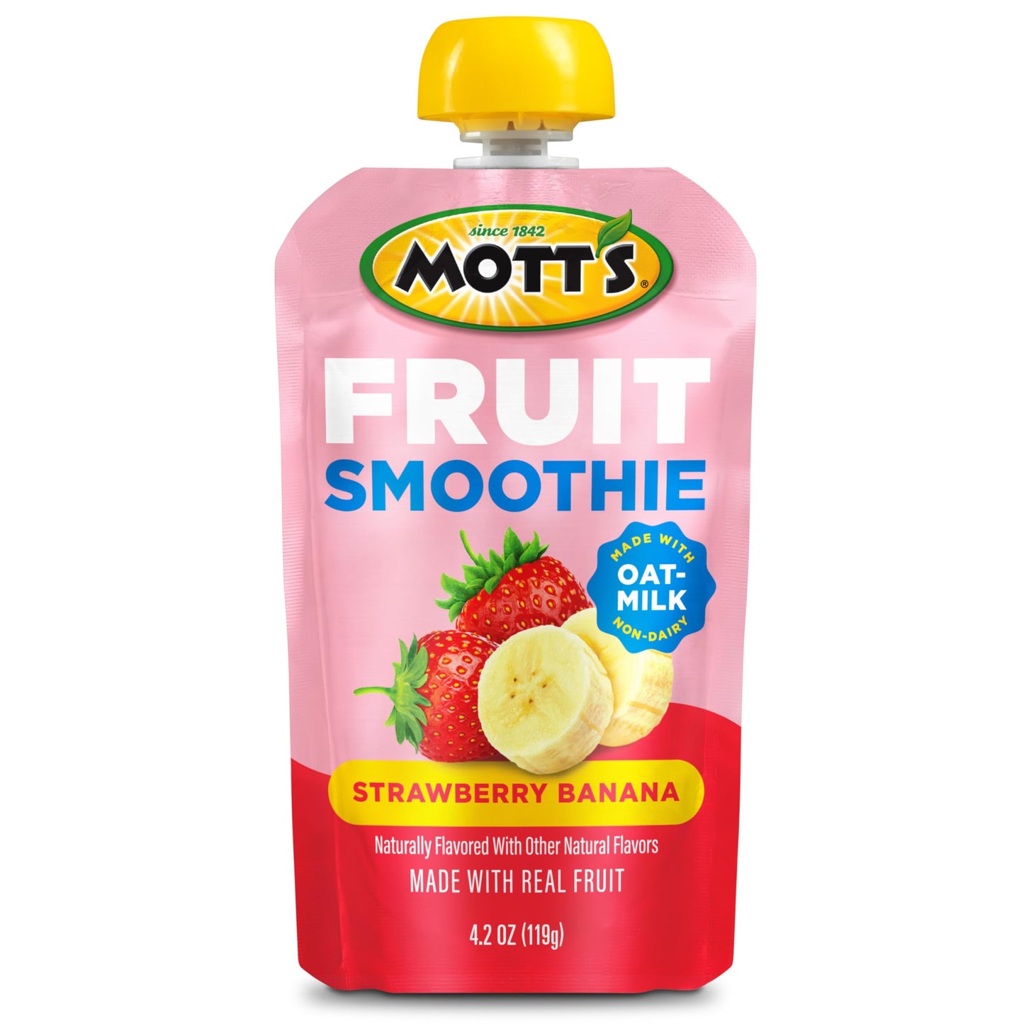 Mott’s Fruit Smoothies Strawberry Banana, 4.2 oz clear pouches, 8 Pack, Non-dairy, Made With Oatmilk, Made With Real Fruit, Good Source of Calcium, On-the-Go