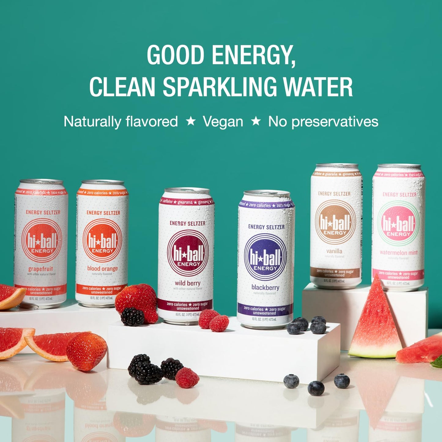 Hiball Clean Energy Drink - Vanilla - Zero Sugar, Zero Calorie Sparkling Water with 160mg Organic Caffeine, 50mg Organic Ginseng, 50mg Organic Guarana and B Vitamins - 16 fl oz (8-Pack)