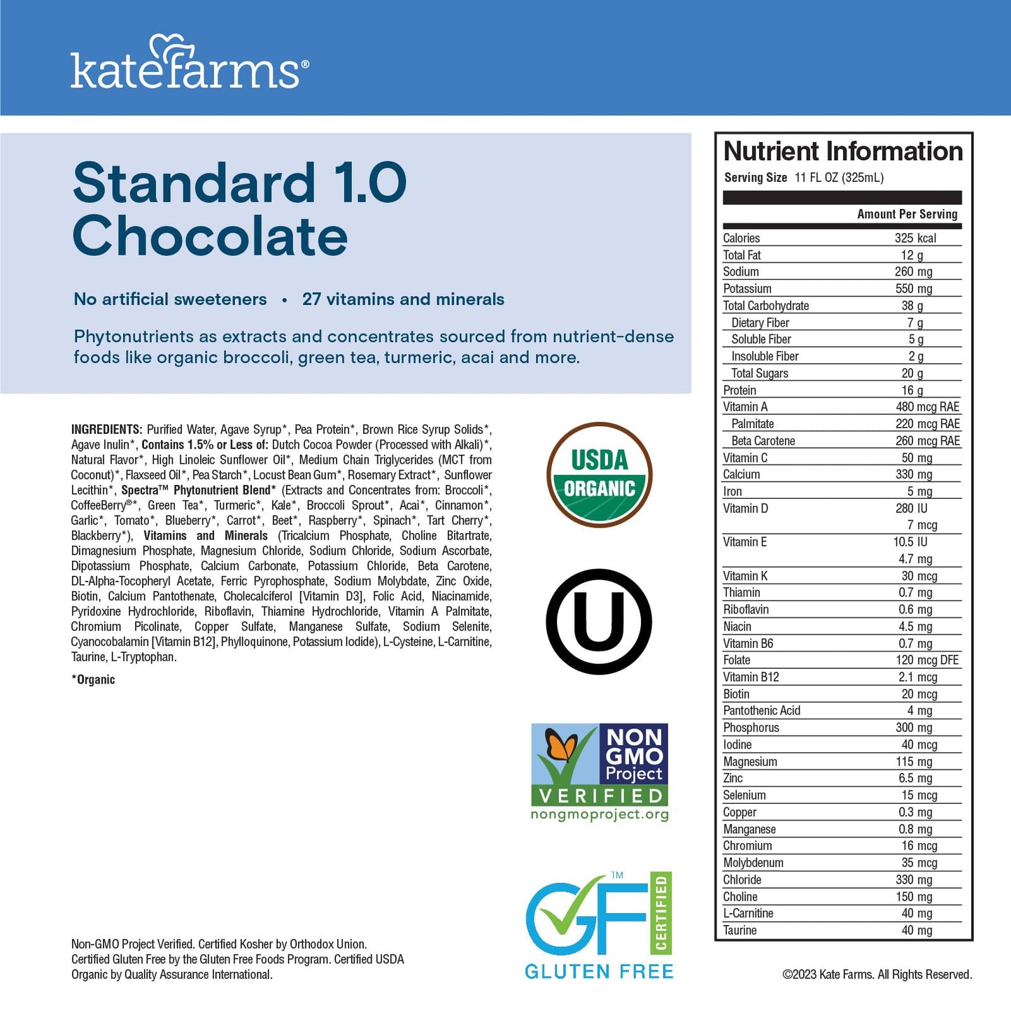 KATE FARMS Organic1.0 Chocolate Nutrition Shake, 16g Protein, 27 Vitamins and Minerals, Meal Replacement 11 oz (12 Pack)