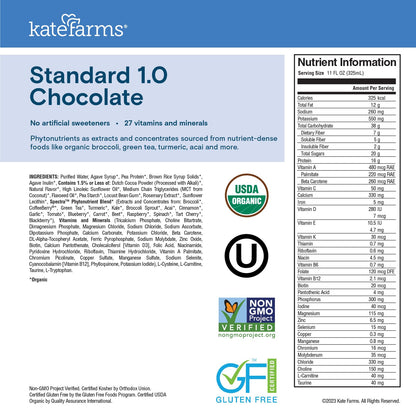 KATE FARMS Organic1.0 Chocolate Nutrition Shake, 16g Protein, 27 Vitamins and Minerals, Meal Replacement 11 oz (12 Pack)