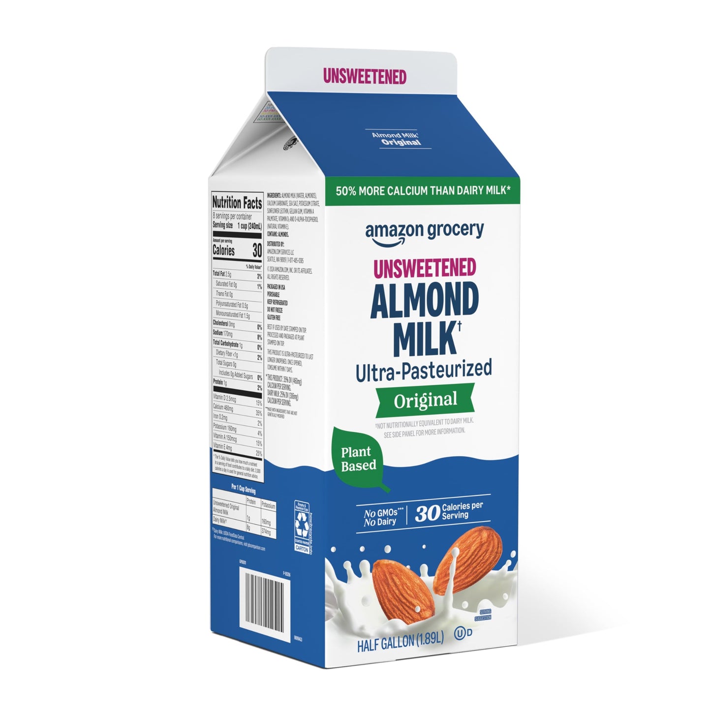 Amazon Grocery, Original Unsweetened Almond Milk, 64 Fl Oz