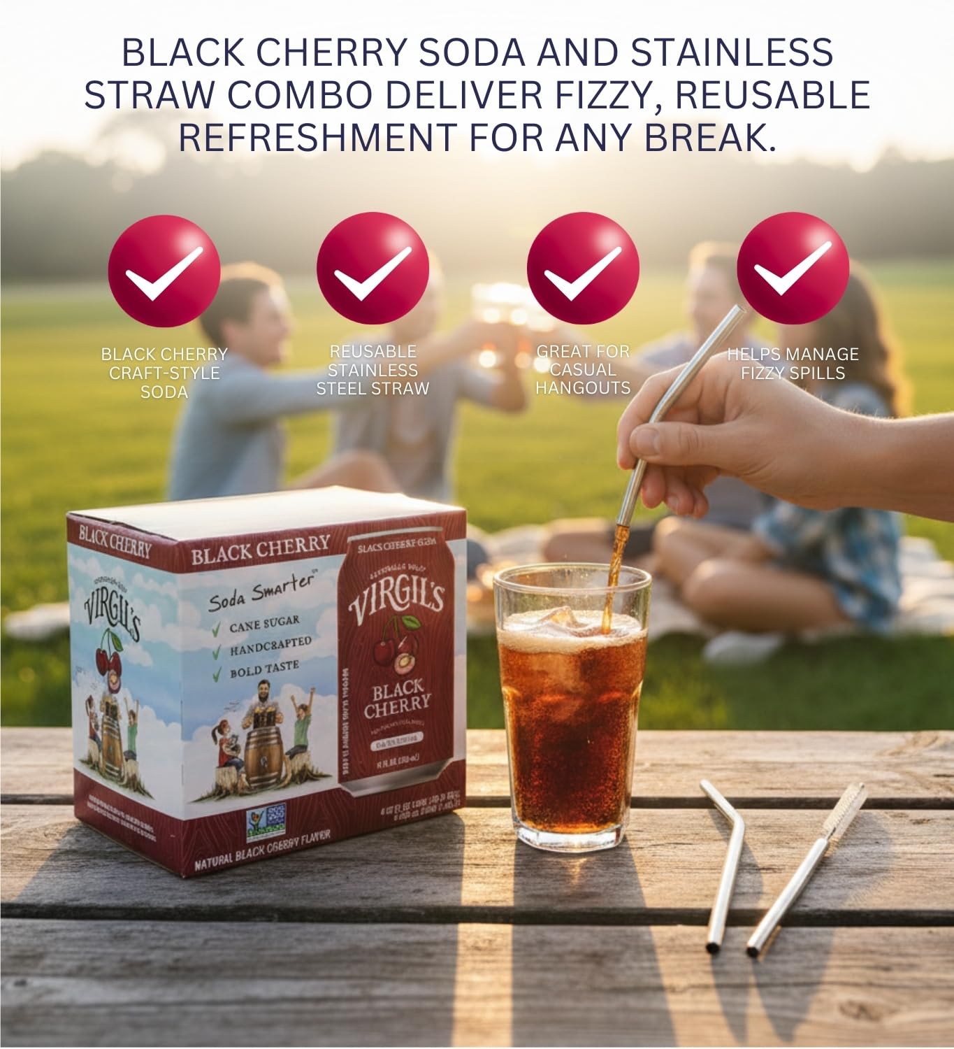 Virgil's Root Beer Soda Black Cherry (48 FO) Bundle with Straw for Enjoying Bold Fruity Flavor & Convenient Sipping — Gift Set (2 Items)