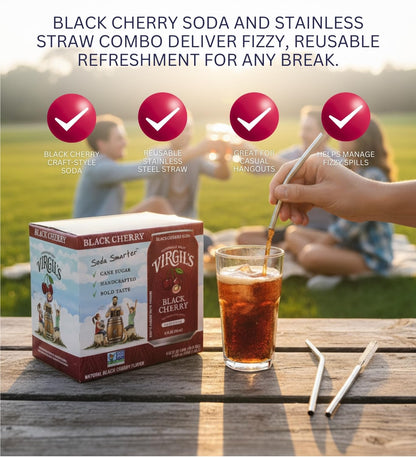 Virgil's Root Beer Soda Black Cherry (48 FO) Bundle with Straw for Enjoying Bold Fruity Flavor & Convenient Sipping — Gift Set (2 Items)