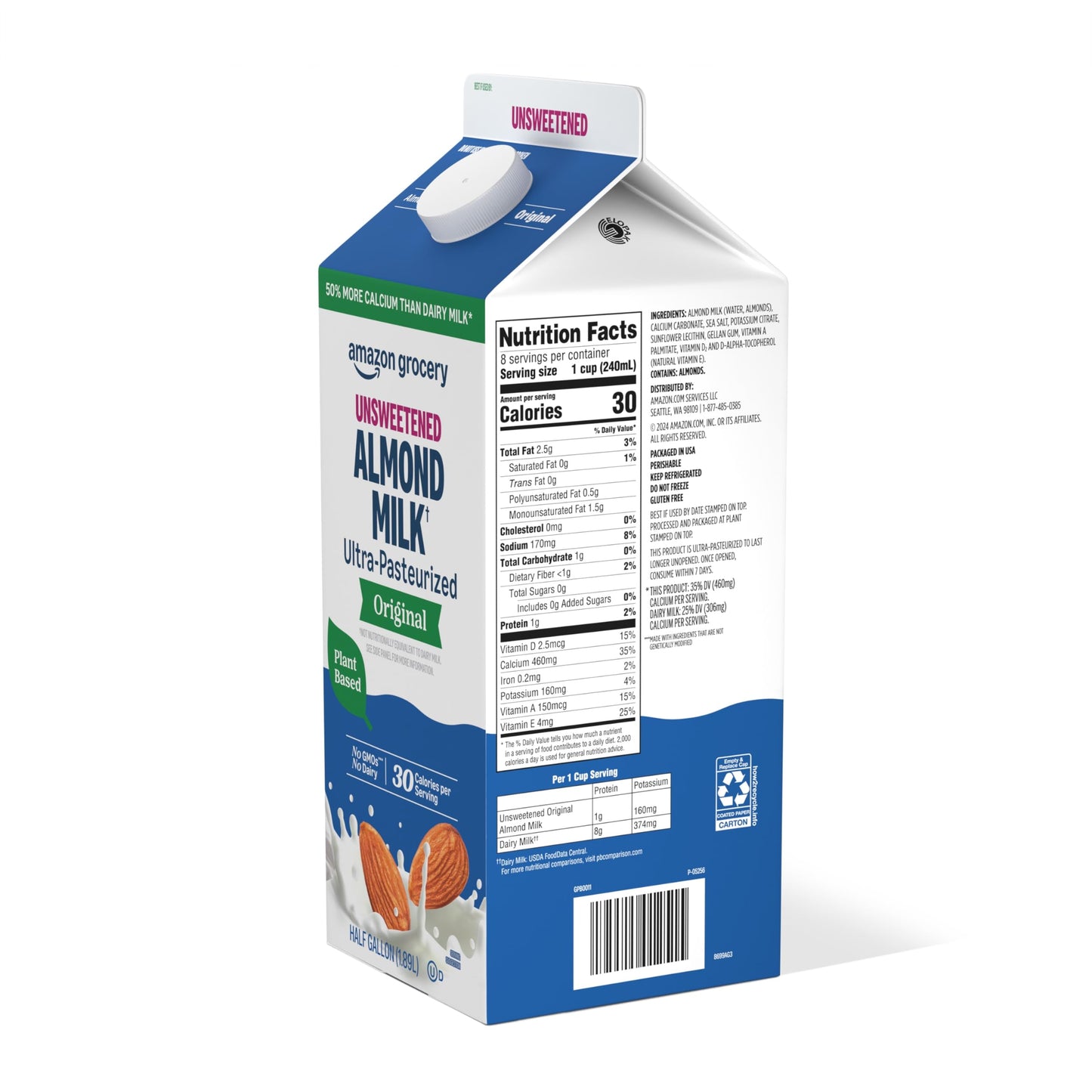 Amazon Grocery, Original Unsweetened Almond Milk, 64 Fl Oz