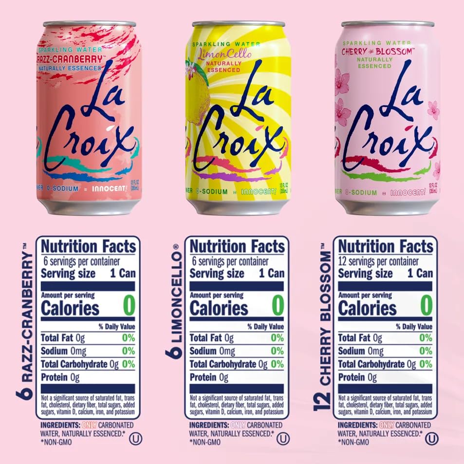 LaCroix Sparkling Water Cherry Blossom Variety Pack | 24-Pack of 12oz Cans | 6x Razz-Cran | 6x Limoncello | 12x Cherry Blossom
