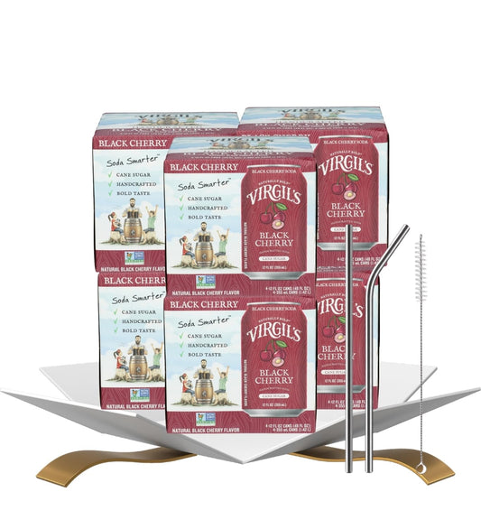 6x Soda Black Cherry 4-Pack Cans 48 fl oz Bundle with Paper Straw 50-Pack — Cherry Soda Handcrafted & Creamy Flavor for Refreshing Drinks — Gift Set (7 Items)