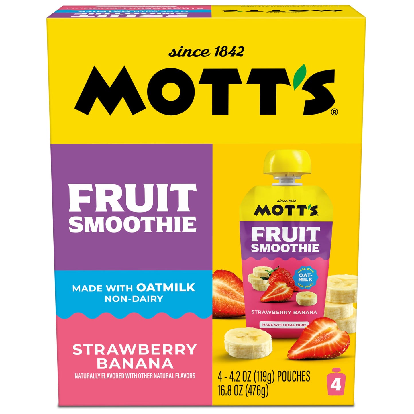 Mott’s Fruit Smoothies Strawberry Banana, 4.2 oz clear pouches, 4 Pack, Non-dairy, Made With Oatmilk, Made With Real Fruit, Good Source of Calcium, On-the-Go