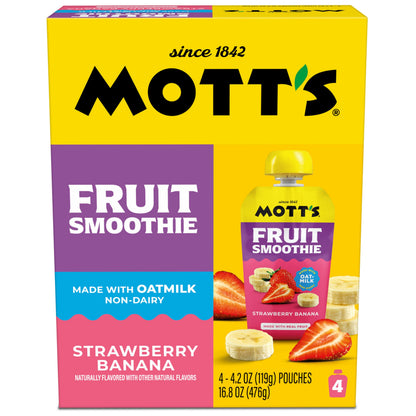 Mott’s Fruit Smoothies Strawberry Banana, 4.2 oz clear pouches, 4 Pack, Non-dairy, Made With Oatmilk, Made With Real Fruit, Good Source of Calcium, On-the-Go