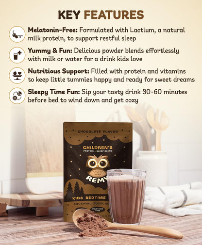 Remy Protein Sleep Aid Supplements for Kids, Melatonin-Free Formula, Lactium, L Theanine, Vitamin D, B6, Calcium & Herbal Extracts, Balanced Nutritional Drink, Non GMO, Powder