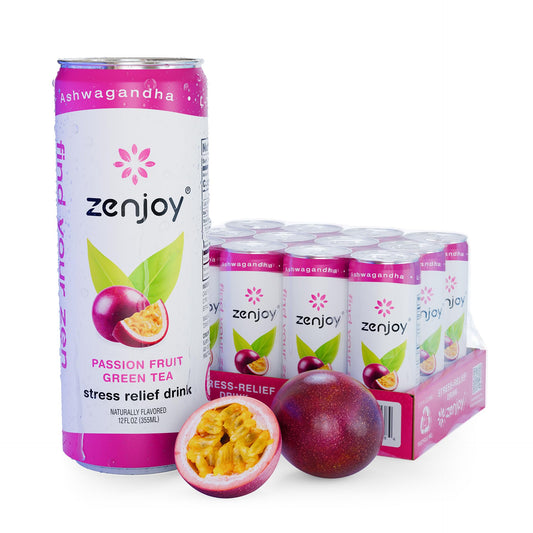 Zenjoy Stress Relief Drink, Calming Green Tea, Non Alcoholic, Ashwagandha & Lemon Balm for Stress Relief, L - Theanine for Focus (12 Pack) (Passion Fruit)