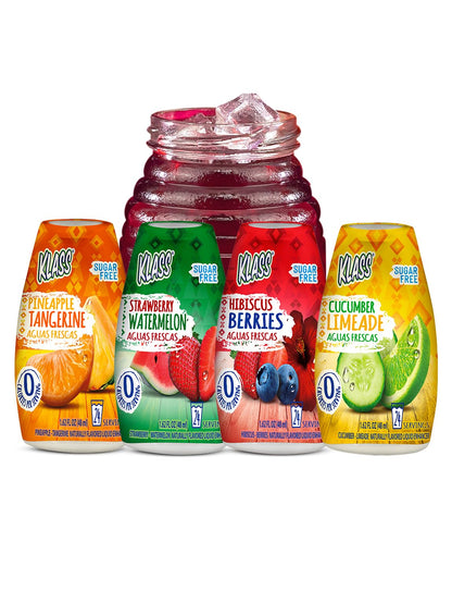 Klass Aguas Frescas | Liquid Water Enhancer | Classic Variety Pack | Flavors: Cucumber Limeade Strawberry Watermelon Hibiscus Berries & Pineapple Tangerine | Naturally Flavored | Sugar Free | Zero Calories Per Serving | Keto | 4 Bottles, Makes 96 Drinks