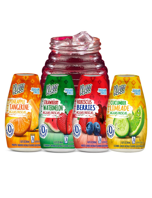 Klass Aguas Frescas | Liquid Water Enhancer | Classic Variety Pack | Flavors: Cucumber Limeade Strawberry Watermelon Hibiscus Berries & Pineapple Tangerine | Naturally Flavored | Sugar Free | Zero Calories Per Serving | Keto | 4 Bottles, Makes 96 Drinks