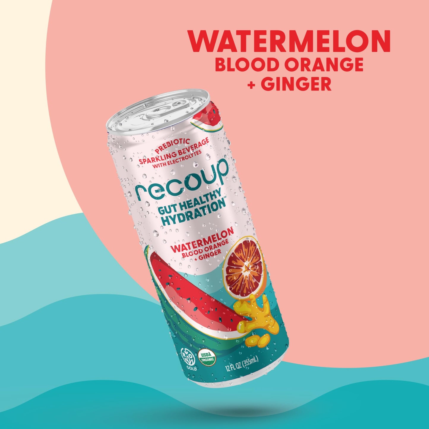 Recoup Organic Sparkling Prebiotic Drink - Ginger with Electrolytes for Gut Health Support & Hydration, No Added Sugar ((Pack of 12), Watermelon Blood Orange + Ginger)