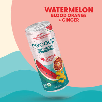 Recoup Organic Sparkling Prebiotic Drink - Ginger with Electrolytes for Gut Health Support & Hydration, No Added Sugar ((Pack of 12), Watermelon Blood Orange + Ginger)