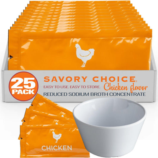 SAVORY CHOICE Reduced Sodium Chicken Broth Concentrate bundle with Bouillon Cup, 25 Packets (9.6g) - Gluten-Free, Diary-Free Broth Concentrate