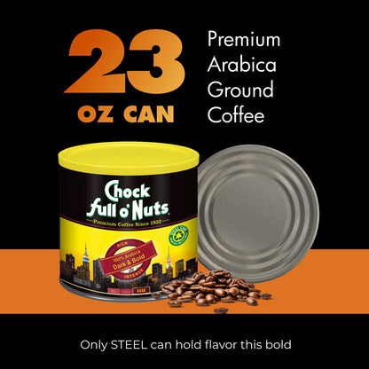 Chock Full o' Nuts Dark & Bold Ground Coffee – Premium Beans in Recyclable Steel Can – Rich Flavor & Aroma, Dark Roast – Perfect for Drip, Pour-Over, Percolator – 23 Oz Can (Pack of 2)