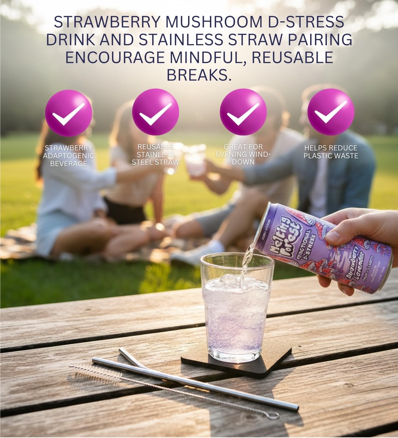 Water Sp Adp Strawberry Lav, 12 FO Bundle with Straw – Mushroom Drink Refreshing Strawberry Lavender Flavored Water for Hydration & Enjoyment — Gift Set (2 Items)