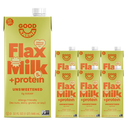 Good Karma Unsweetened Flaxmilk +Protein, 32 Ounce (Pack of 6), 5g Plant Protein + 1200mg Omega-3 Per Serving, Plant-Based Non-Dairy Milk Alternative, Lactose Free, Nut Free, Vegan, Shelf Stable