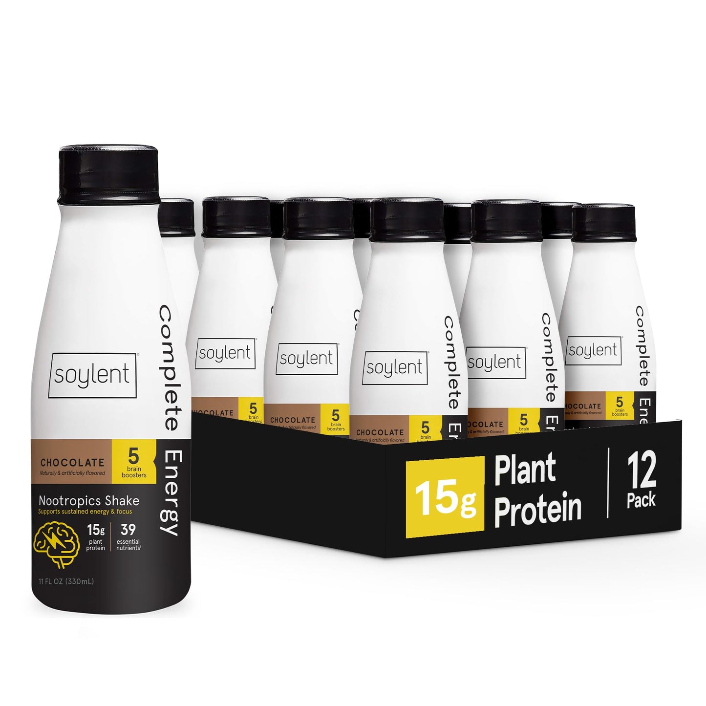 Soylent Chocolate High Protein Shake 30g Vegan Protein, Complete Energy Gluten-Free Vegan Protein Nootropics Shake, Chocolate, 11 Oz (12 Pack)