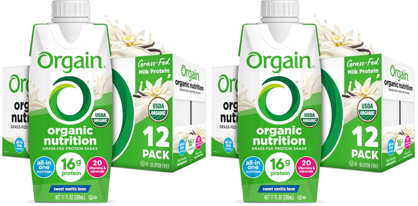 Orgain Organic Nutritional Shake, Vanilla Bean - Meal Replacement, 16g Protein, 20 Vitamins & Minerals, Gluten Free, Soy Free, Kosher, Non-GMO, 11 Ounce, 12 Count (Packaging May Vary) (Pack of 2)