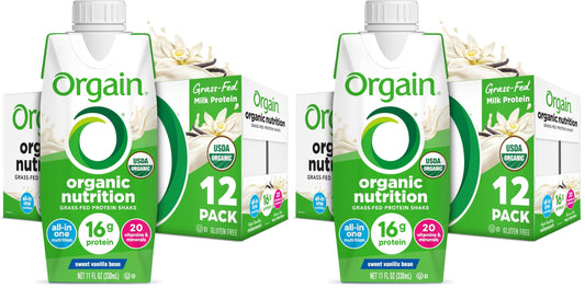 Orgain Organic Nutritional Shake, Vanilla Bean - Meal Replacement, 16g Protein, 20 Vitamins & Minerals, Gluten Free, Soy Free, Kosher, Non-GMO, 11 Ounce, 12 Count (Packaging May Vary) (Pack of 2)